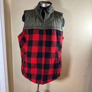 Maurices Red and Black Plaid Vest with Olive Green Quilted Yoke